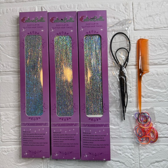 New CelieBella Glitter Hair Tinsel Set 3 packs x 12 clips - Picture 3 of 9